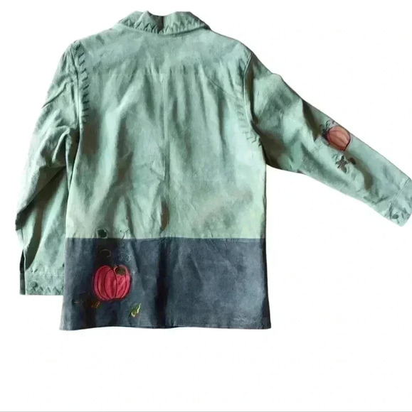 Suede Fall Autumn Leaves Pumpkin Embroidered Full Zip Leather Jacket - Picture 6 of 9